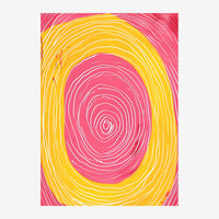 Affiche abstraite représentant des spirales concentriques en rose vif et jaune éclatant, avec des lignes blanches fines sur.
