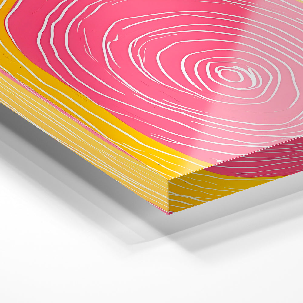 Gros plan de la matière : le tirage sous verre acrylique, tranche transparente visible.