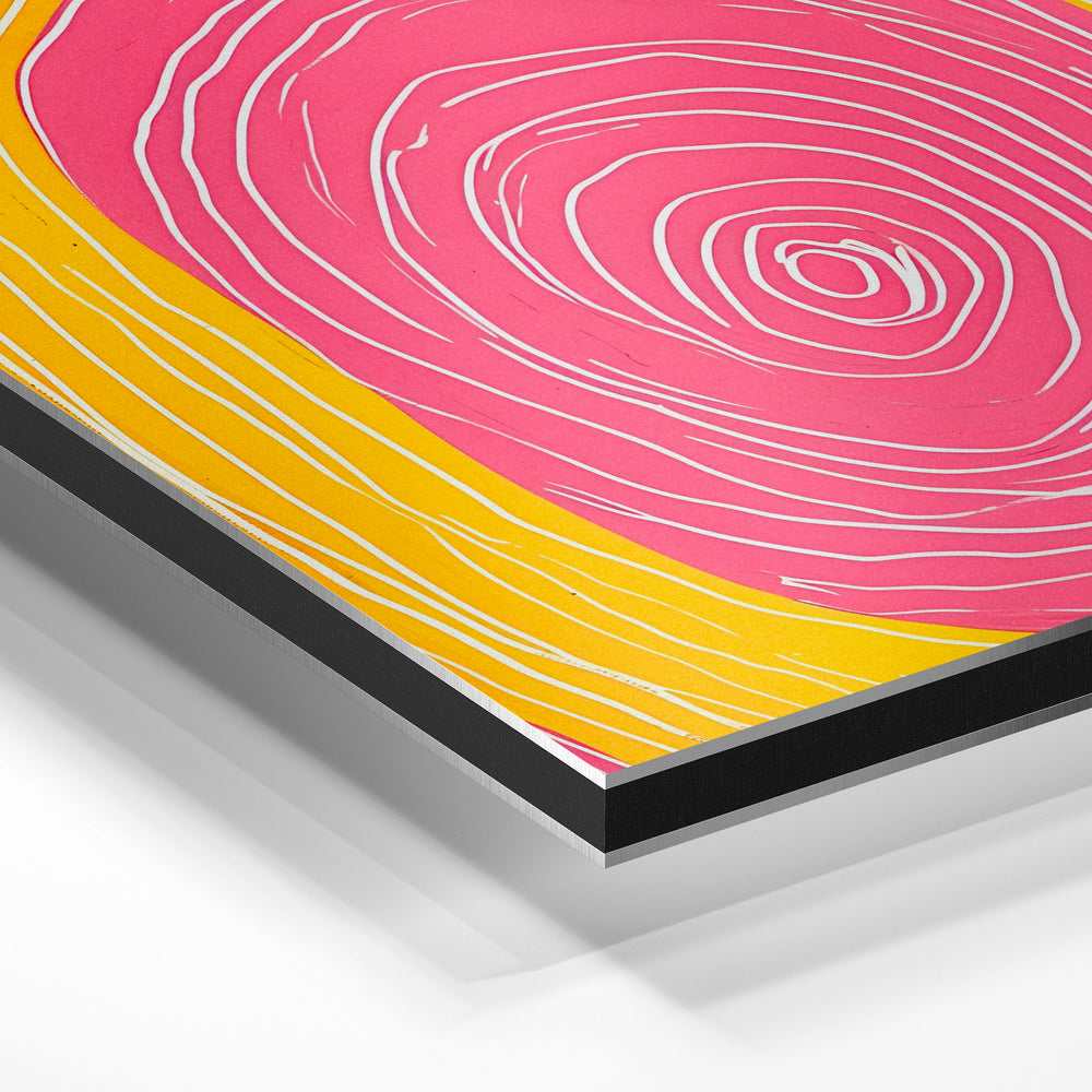 Gros plan de la matière : le tirage contrecollé sur aluminium Dibond mat, tranche visible.