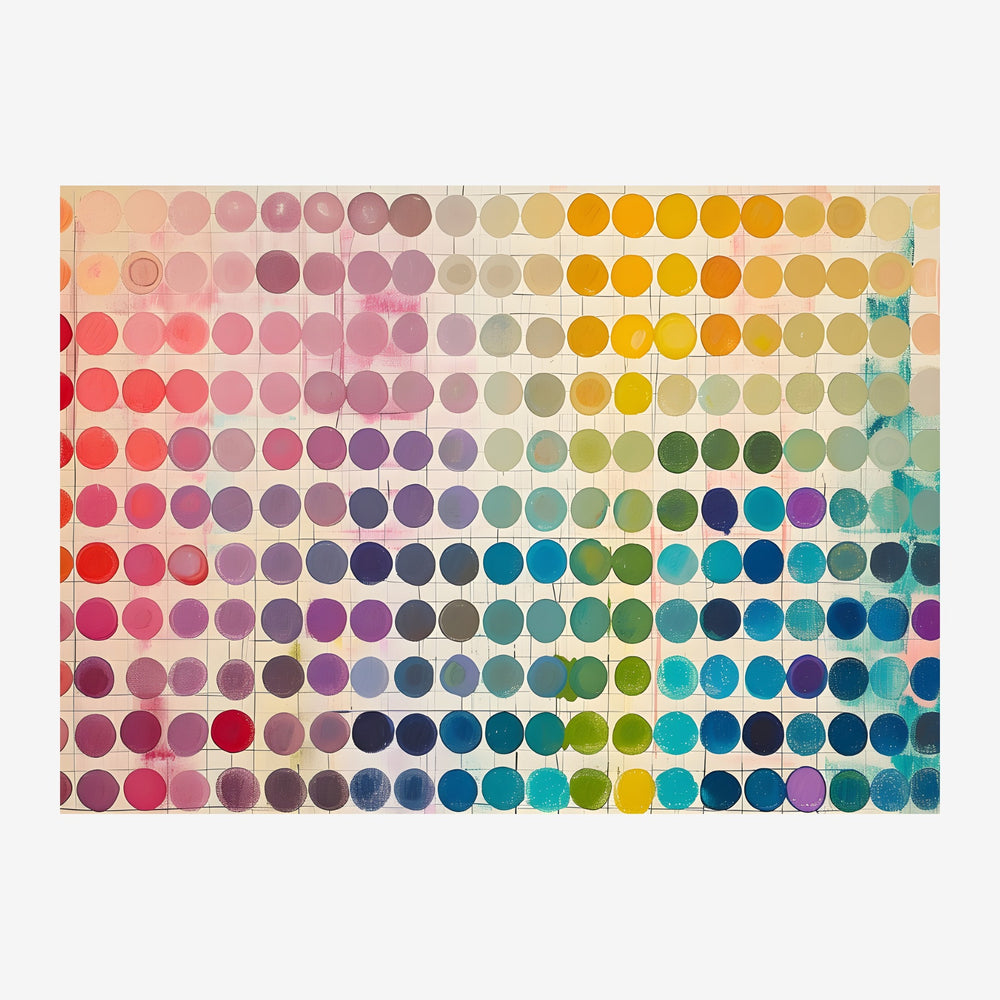 Grille de cercles colorés organisés en rangées et colonnes régulières, transitionnant du rose et du rouge vers les tons.