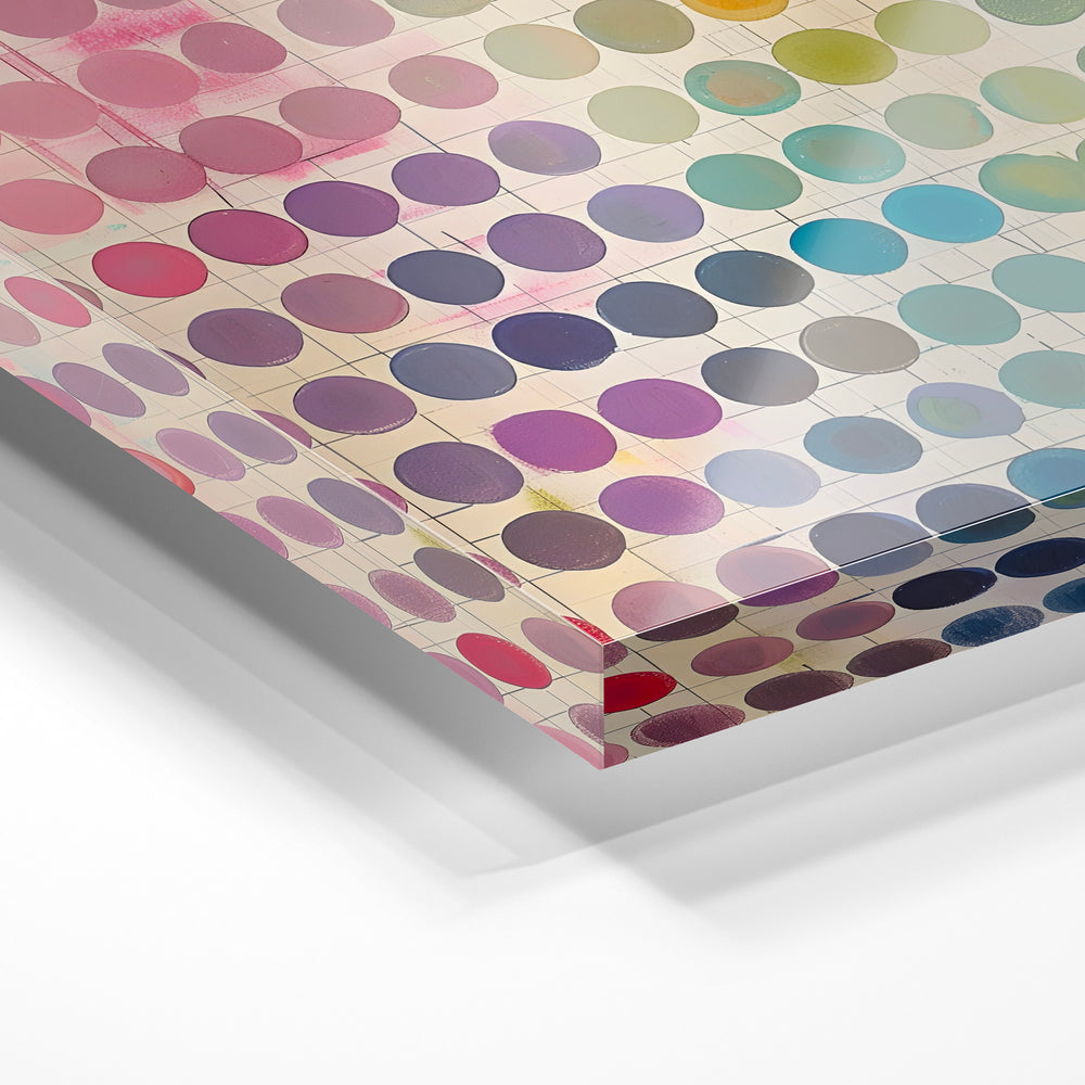 Gros plan de la matière : le tirage sous verre acrylique, tranche transparente visible.