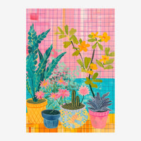 Composition pop art représentant trois pots de cactus et plantes fleuries colorés disposés sur un fond à carreaux rose et.