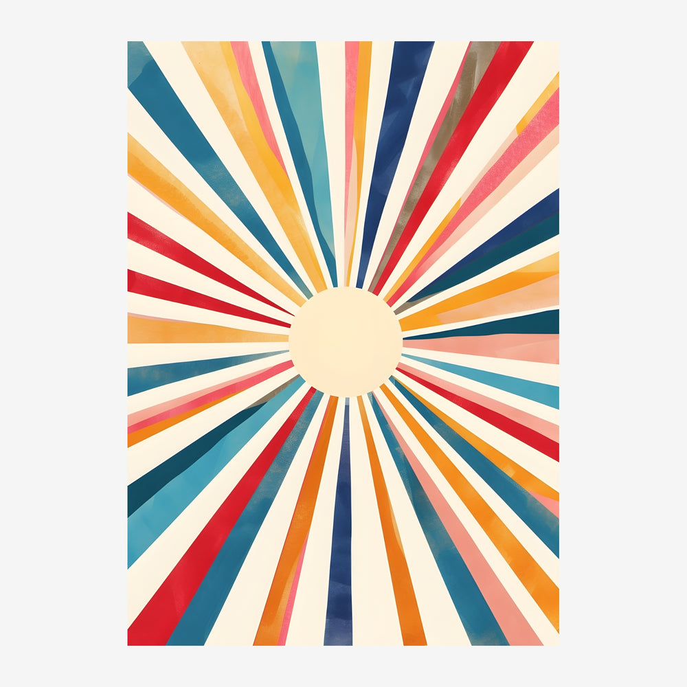 Un soleil stylisé en cercle crème au centre, entouré de rayons géométriques multicolores alternant ocre, rouge, bleu et.