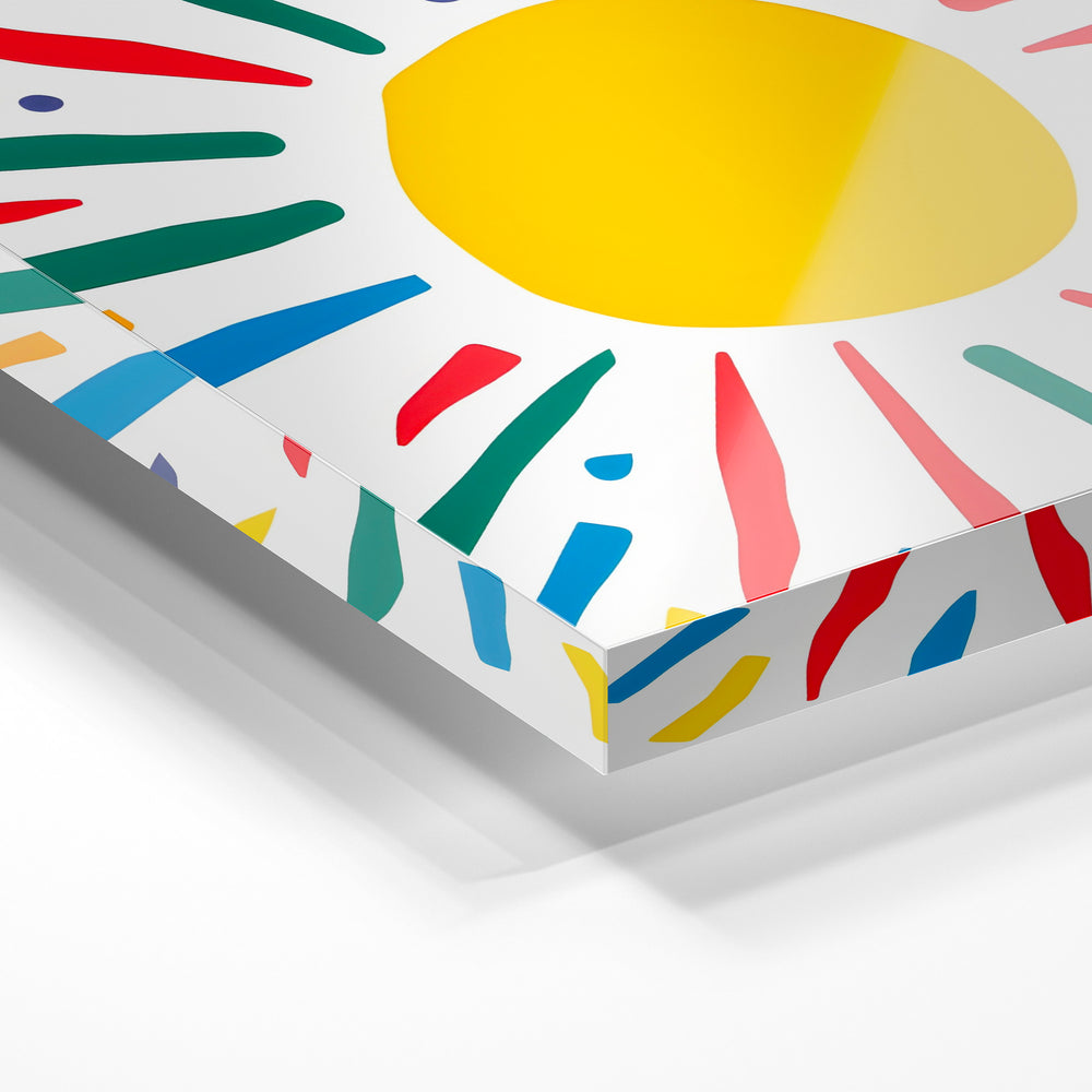 Gros plan de la matière : le tirage sous verre acrylique, tranche transparente visible.