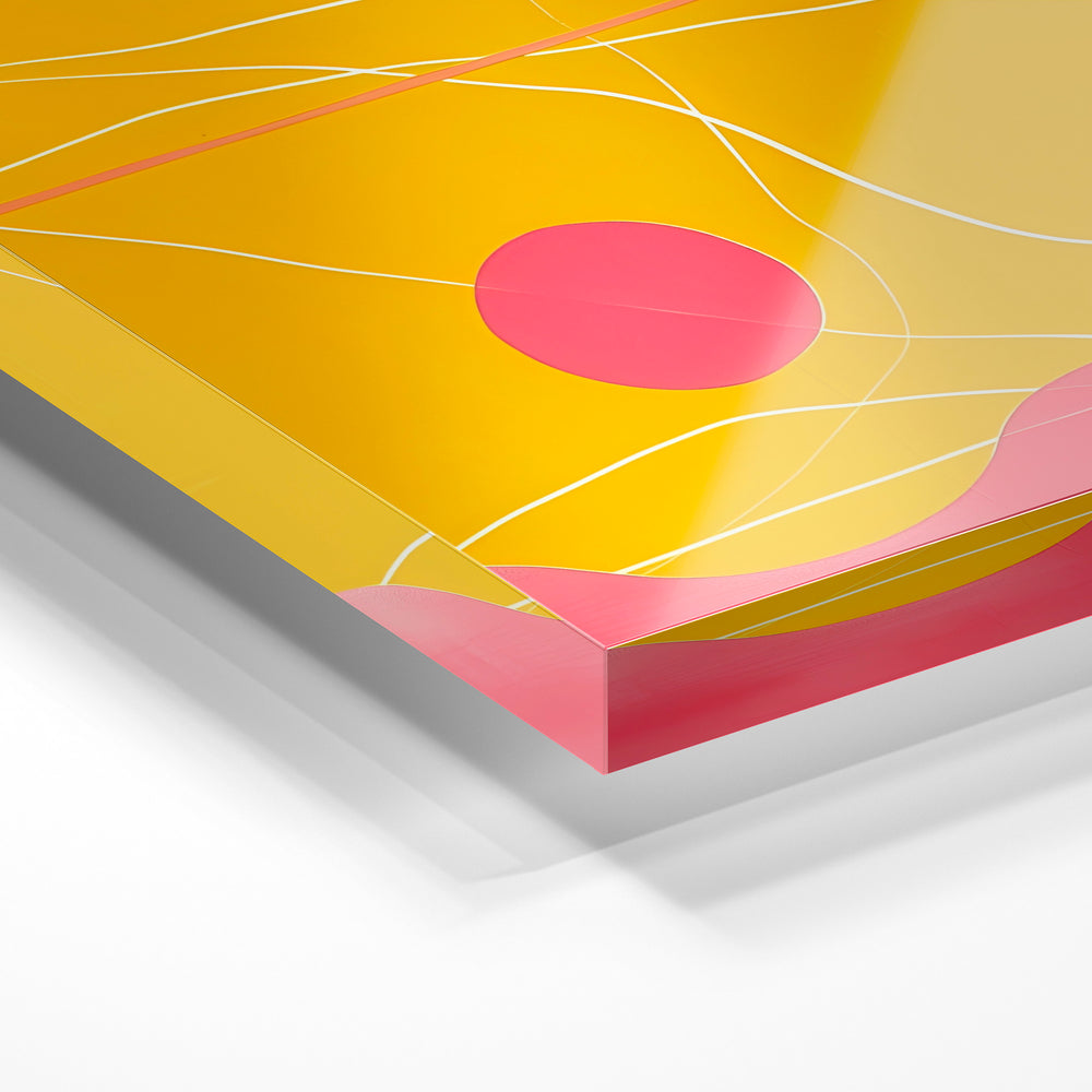 Gros plan de la matière : le tirage sous verre acrylique, tranche transparente visible.