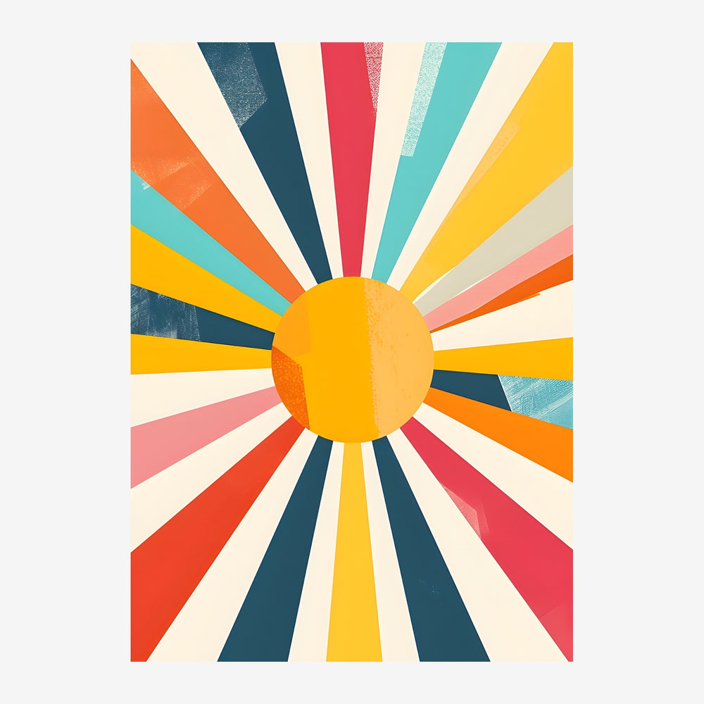 Un soleil jaune d'or stylisé rayonne de bandes de couleurs vives — rouge, turquoise, bleu marine, rose et orange — alternées.