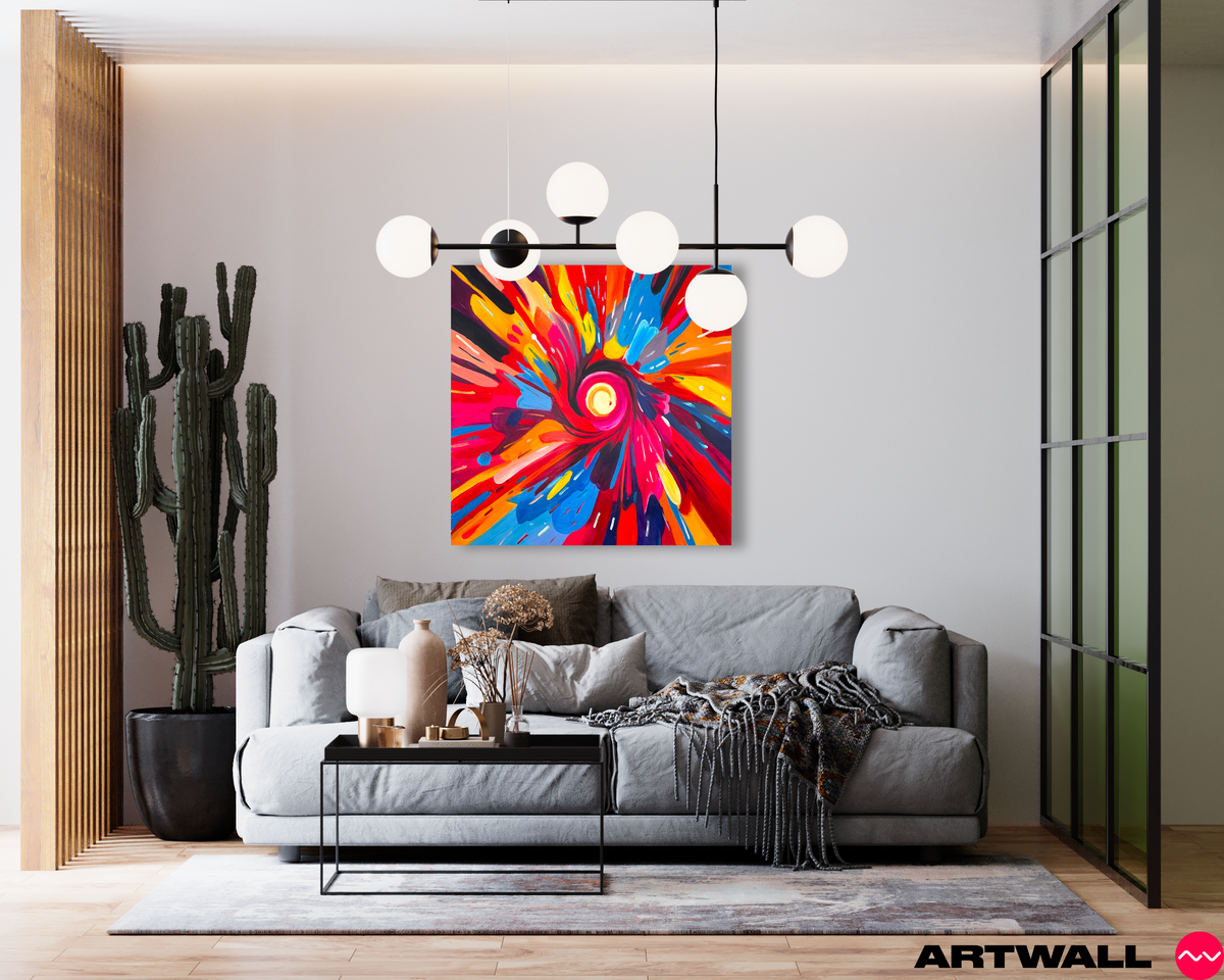 Séjour clair, grand tableau coloré accroché au-dessus d'un canapé