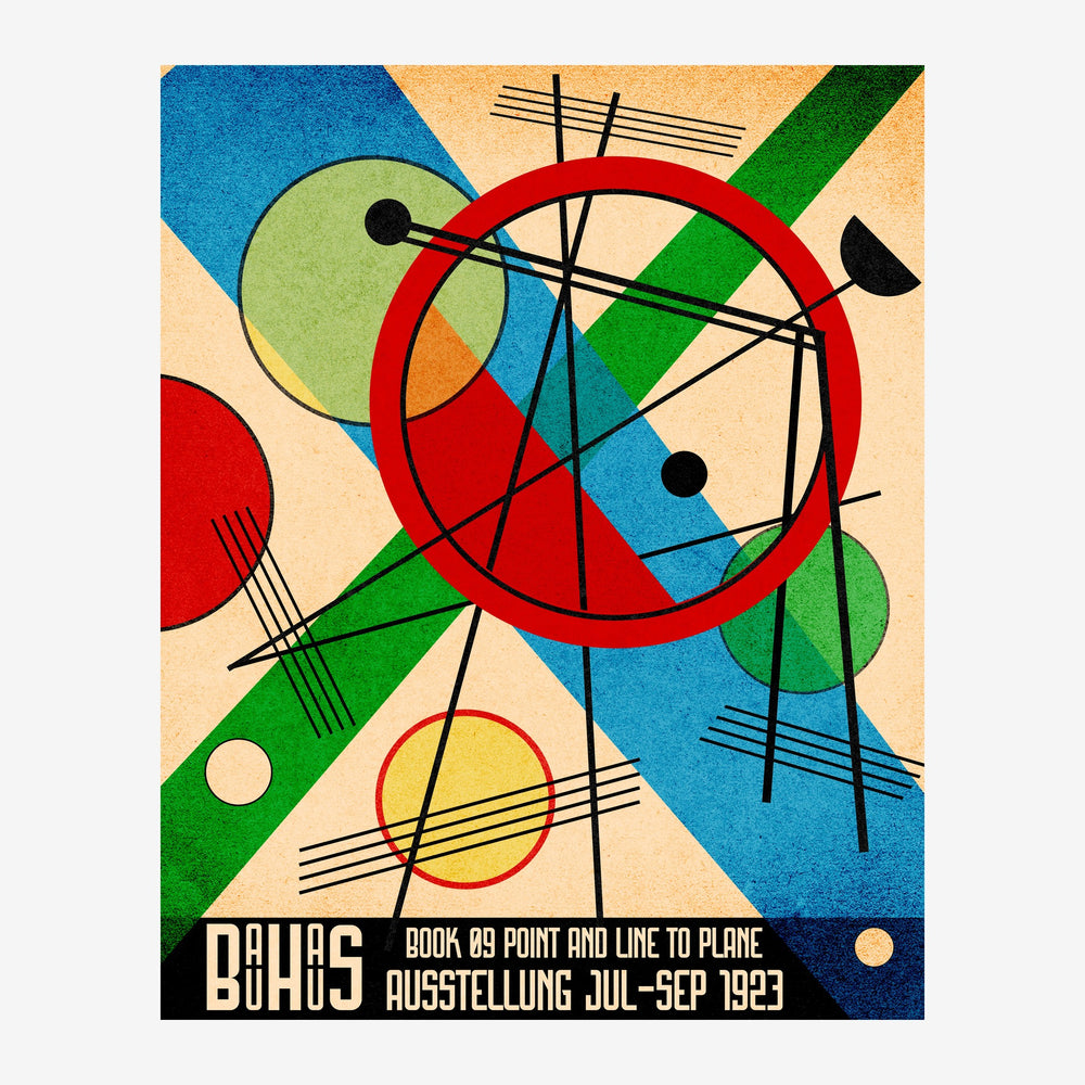 Affiche abstraite géométrique avec cercles rouges et jaunes, triangles bleus et verts, traits noirs sur fond beige clair.