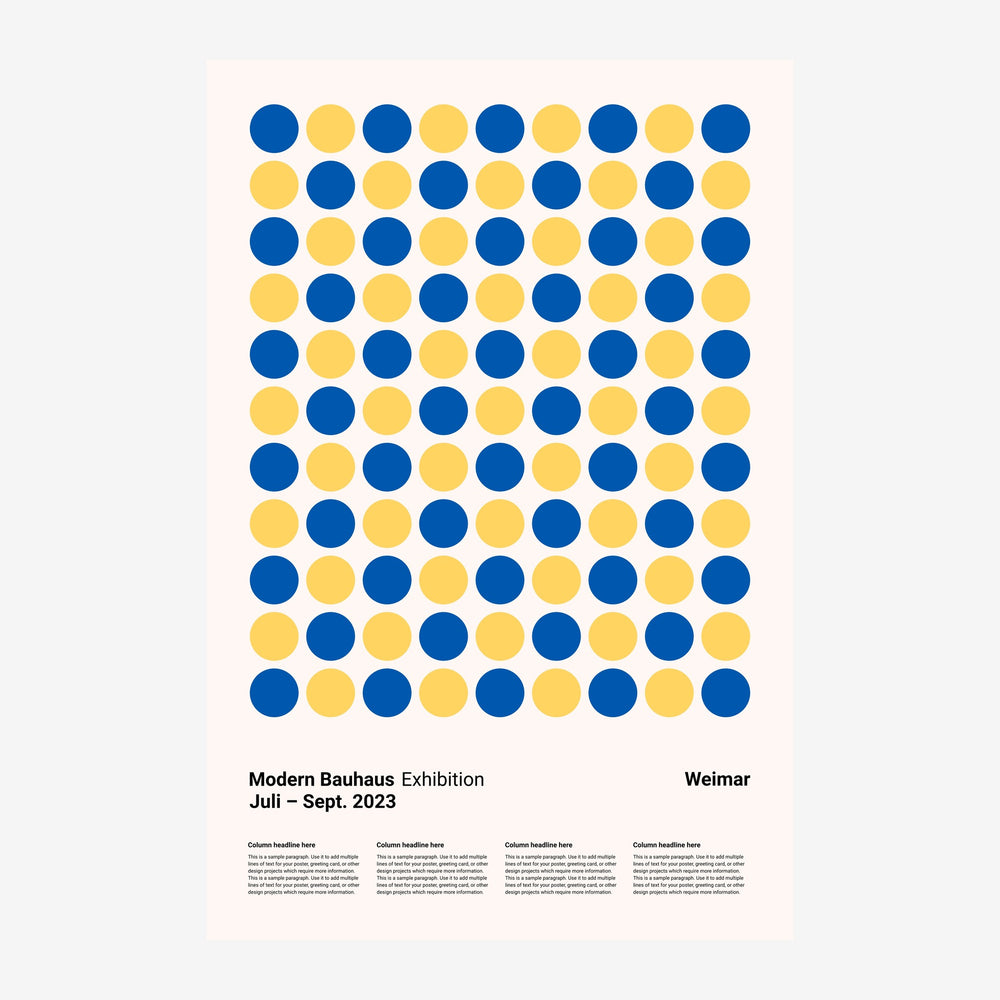 Affiche montrant une grille régulière de cercles alternés bleus et jaunes disposés en damier sur fond clair, avec texte.