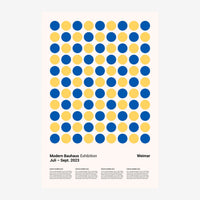 Affiche montrant une grille régulière de cercles alternés bleus et jaunes disposés en damier sur fond clair, avec texte.