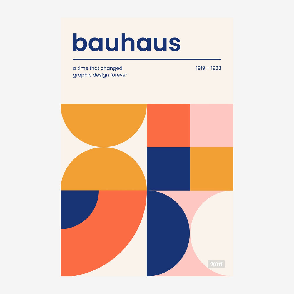 Affiche Bauhaus avec le mot « bauhaus » en gros caractères bleu marine, sous-titré « a time that changed graphic design.