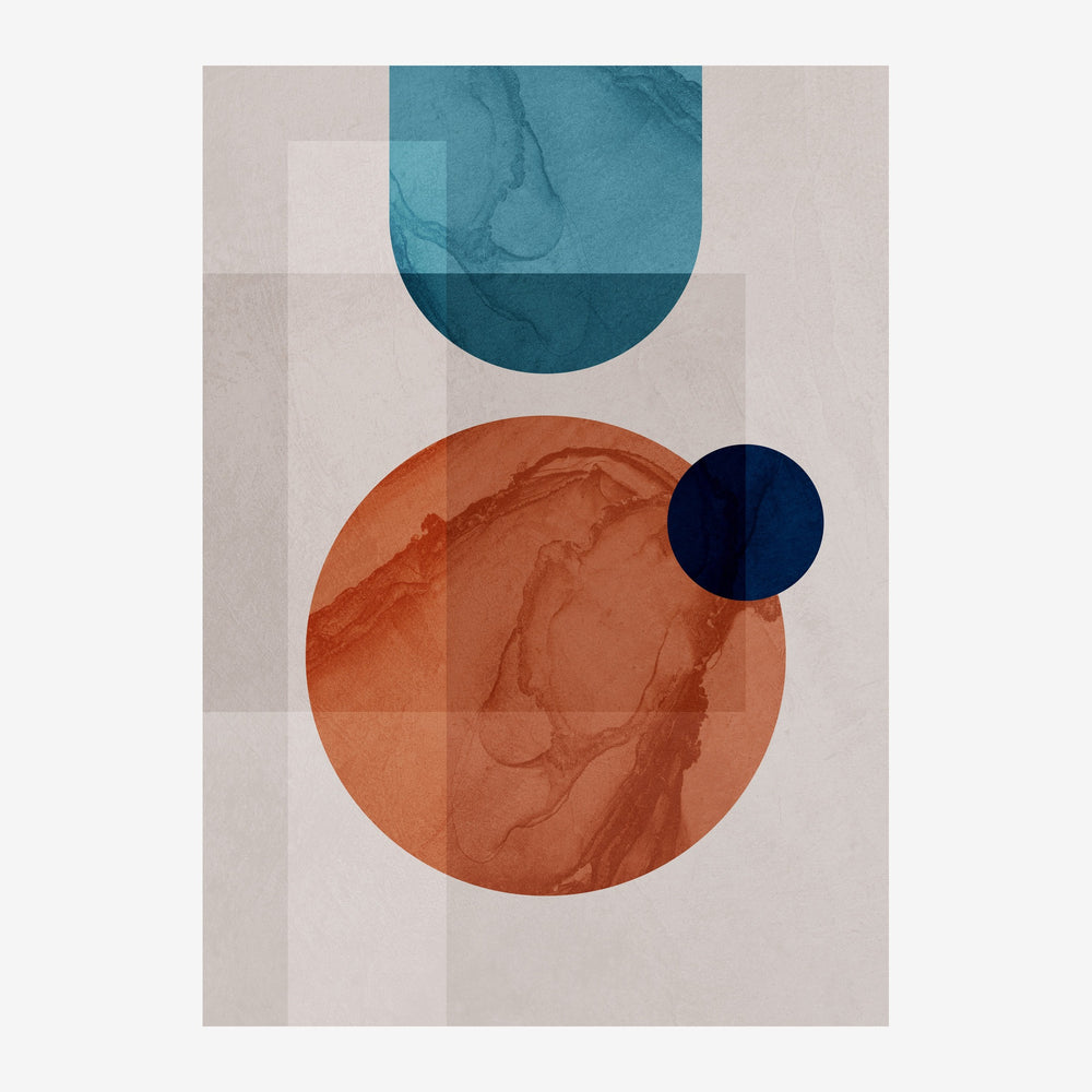 Composition abstraite géométrique avec trois cercles colorés superposés sur un fond gris clair strié verticalement.