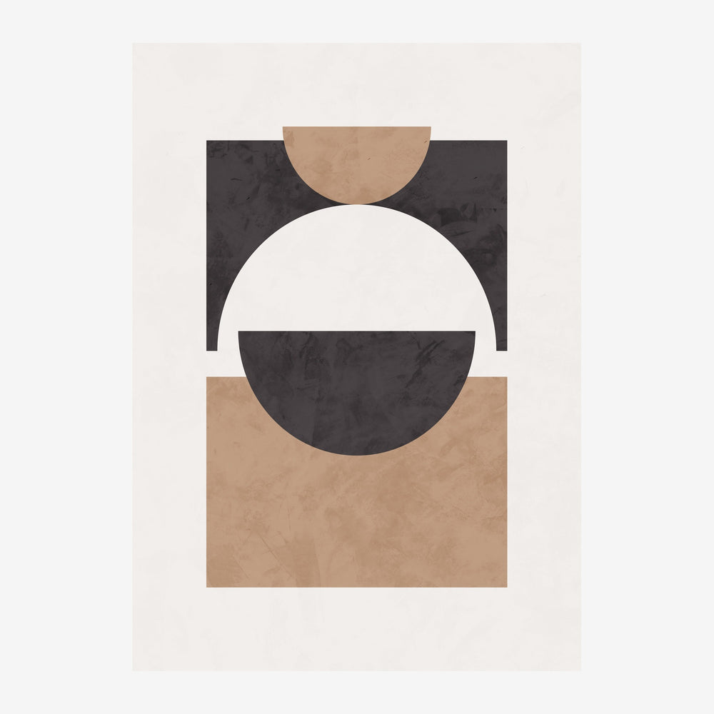 Affiche abstraite composée de formes géométriques : un grand cercle blanc centré, entouré de zones beige, noire et.