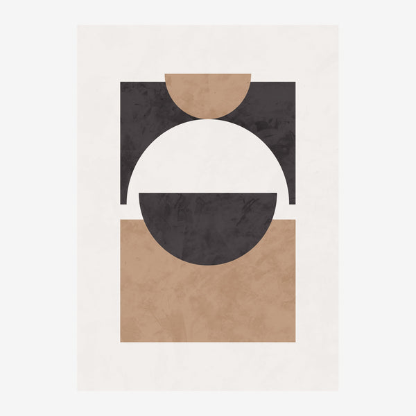 Affiche abstraite composée de formes géométriques : un grand cercle blanc centré, entouré de zones beige, noire et.