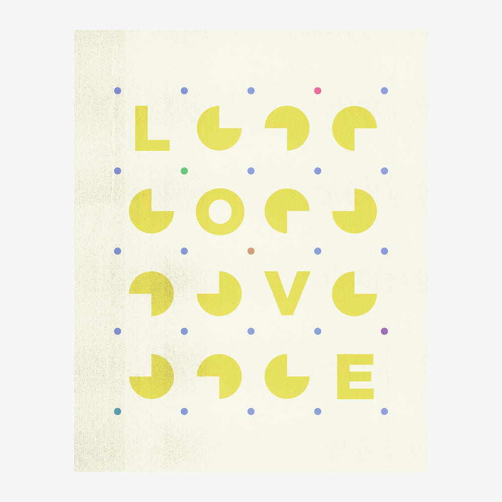 Affiche graphique montrant le texte « Look Look Love » composé de formes géométriques jaunes et points colorés sur fond.