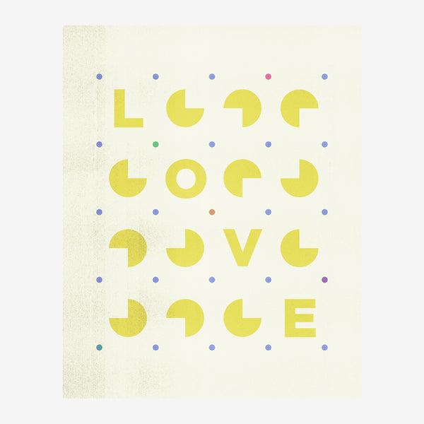 Affiche graphique montrant le texte « Look Look Love » composé de formes géométriques jaunes et points colorés sur fond.