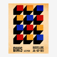 Affiche Bauhaus avec grille de neuf modules géométriques en 3D noirs, chacun orné d'un carré coloré rouge, bleu ou orange.