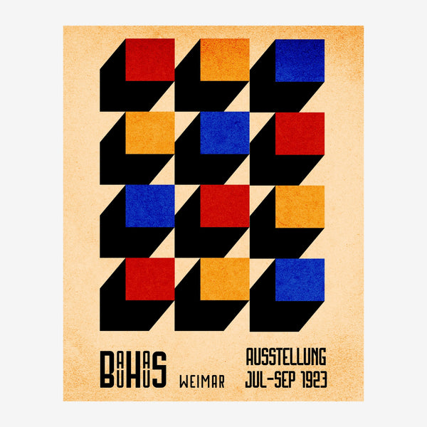 Affiche Bauhaus avec grille de neuf modules géométriques en 3D noirs, chacun orné d'un carré coloré rouge, bleu ou orange.
