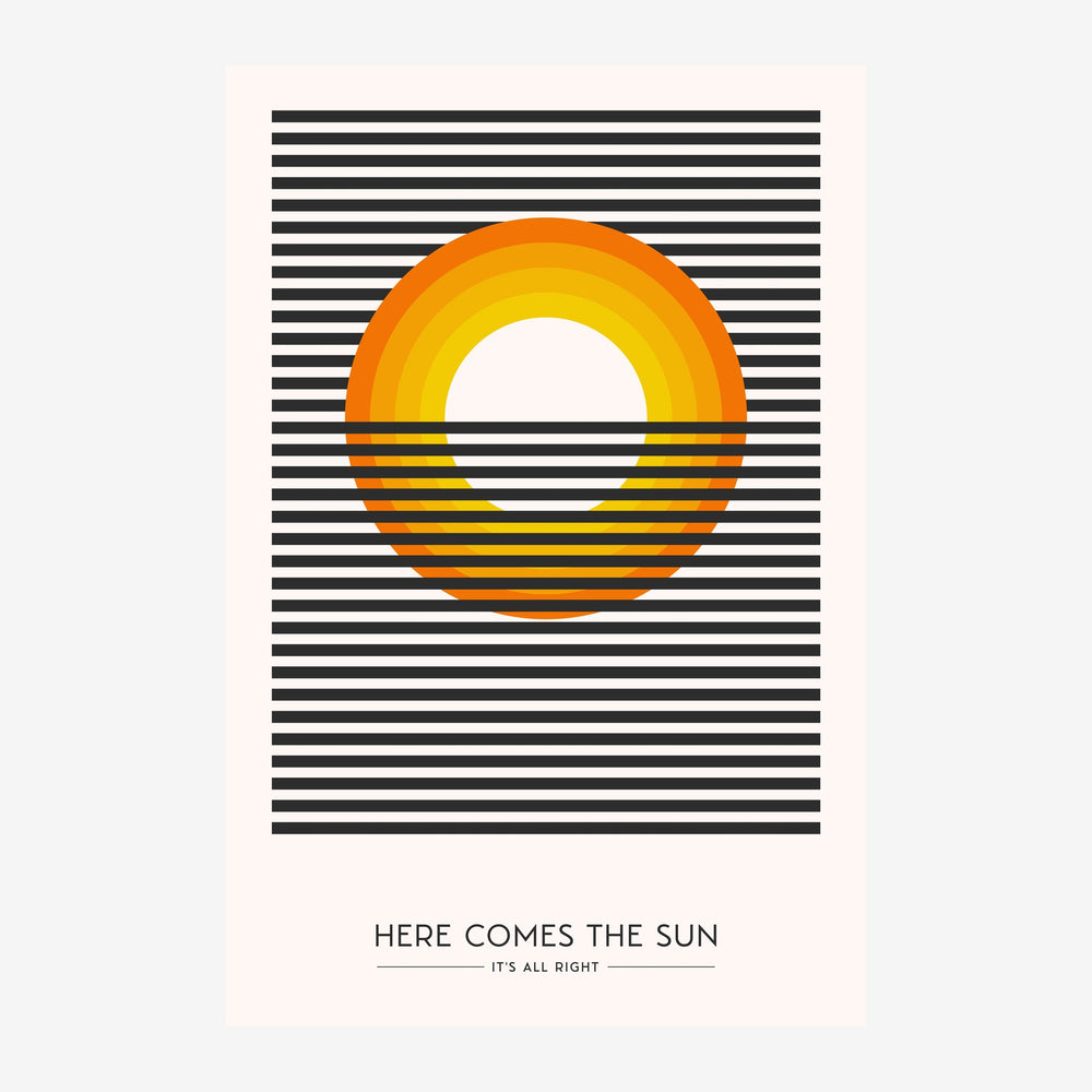 Affiche géométrique abstraite : un demi-cercle orange et jaune rayé superposé à des lignes noires horizontales, avec le.