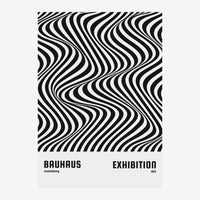 Affiche avec motif géométrique abstraite de lignes ondulantes noir et blanc, texte Bauhaus Exhibition 1919 en bas.