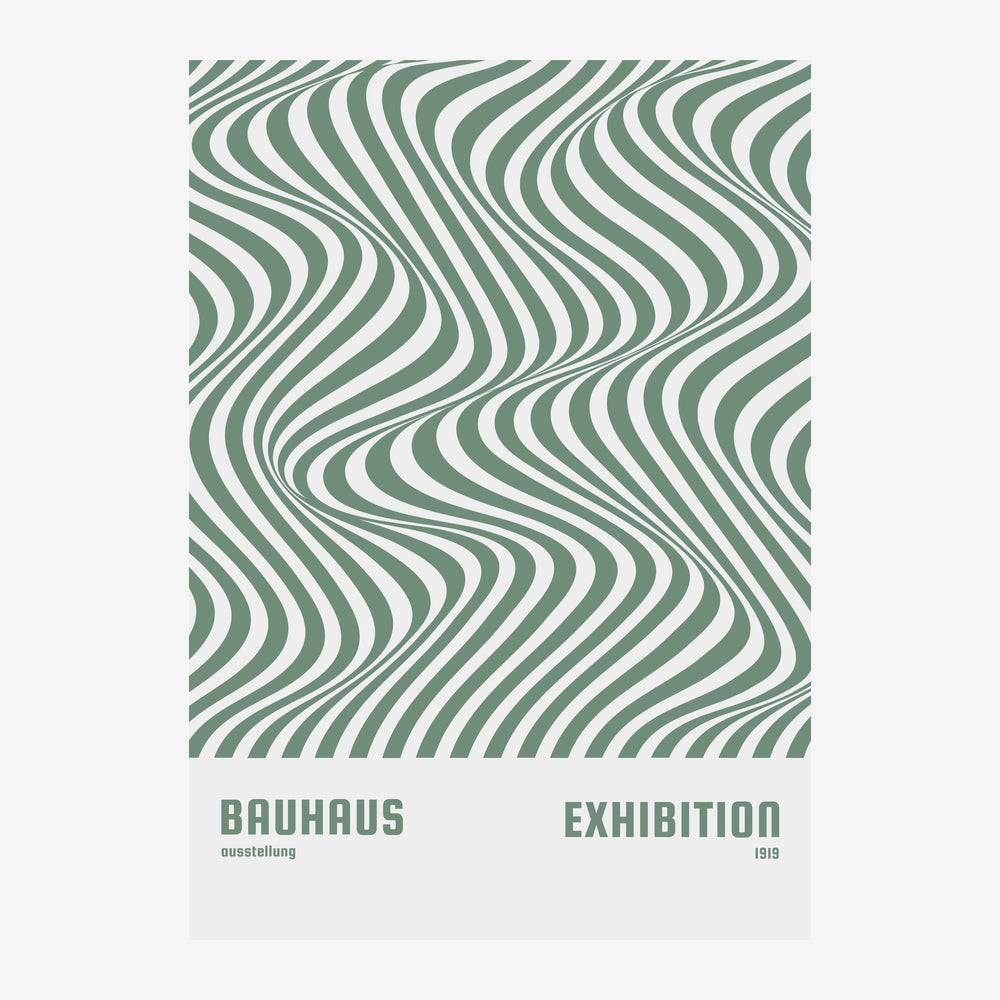 Affiche aux motifs géométriques de lignes ondulantes verts et blancs, avec le texte « Bauhaus Exhibition » et « 1919 » en.
