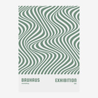 Affiche aux motifs géométriques de lignes ondulantes verts et blancs, avec le texte « Bauhaus Exhibition » et « 1919 » en.