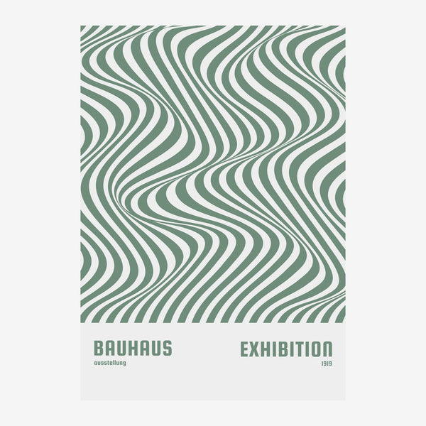 Affiche aux motifs géométriques de lignes ondulantes verts et blancs, avec le texte « Bauhaus Exhibition » et « 1919 » en.