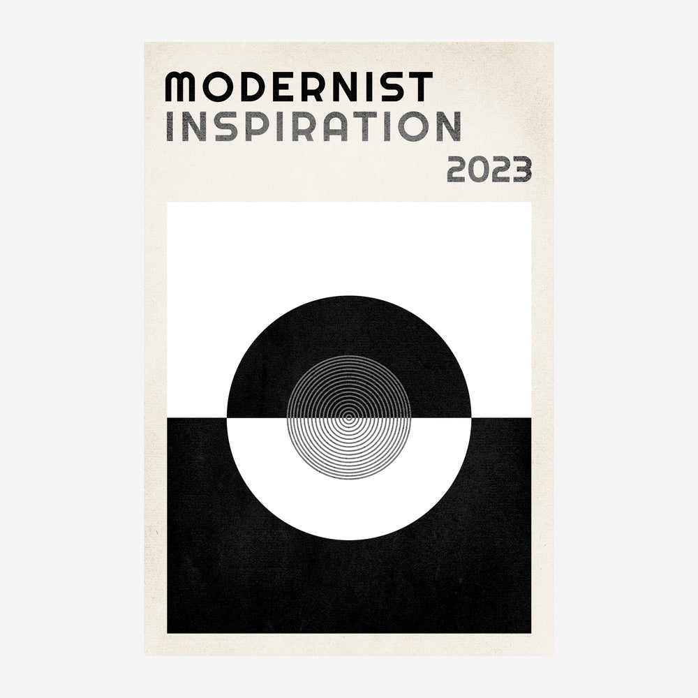 Affiche minimaliste avec un grand cercle blanc au centre encadré par des formes noires, contenant des lignes concentriques.