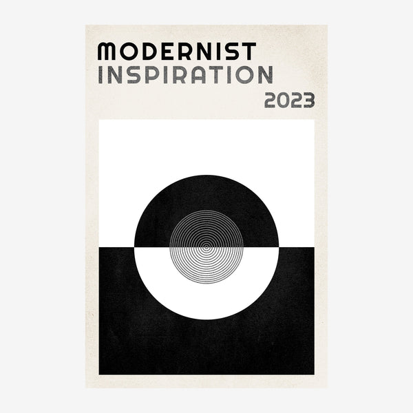 Affiche minimaliste avec un grand cercle blanc au centre encadré par des formes noires, contenant des lignes concentriques.