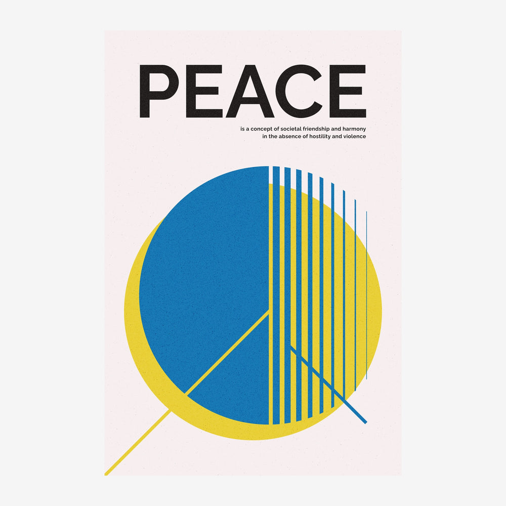 Affiche avec le mot PEACE en noir sur fond clair, accompagné d'un cercle géométrique bleu divisé par des lignes jaunes.