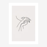 Dessin au trait noir montrant deux mains entrecroisées tenant délicatement une petite branche avec des feuilles, sur un fond.