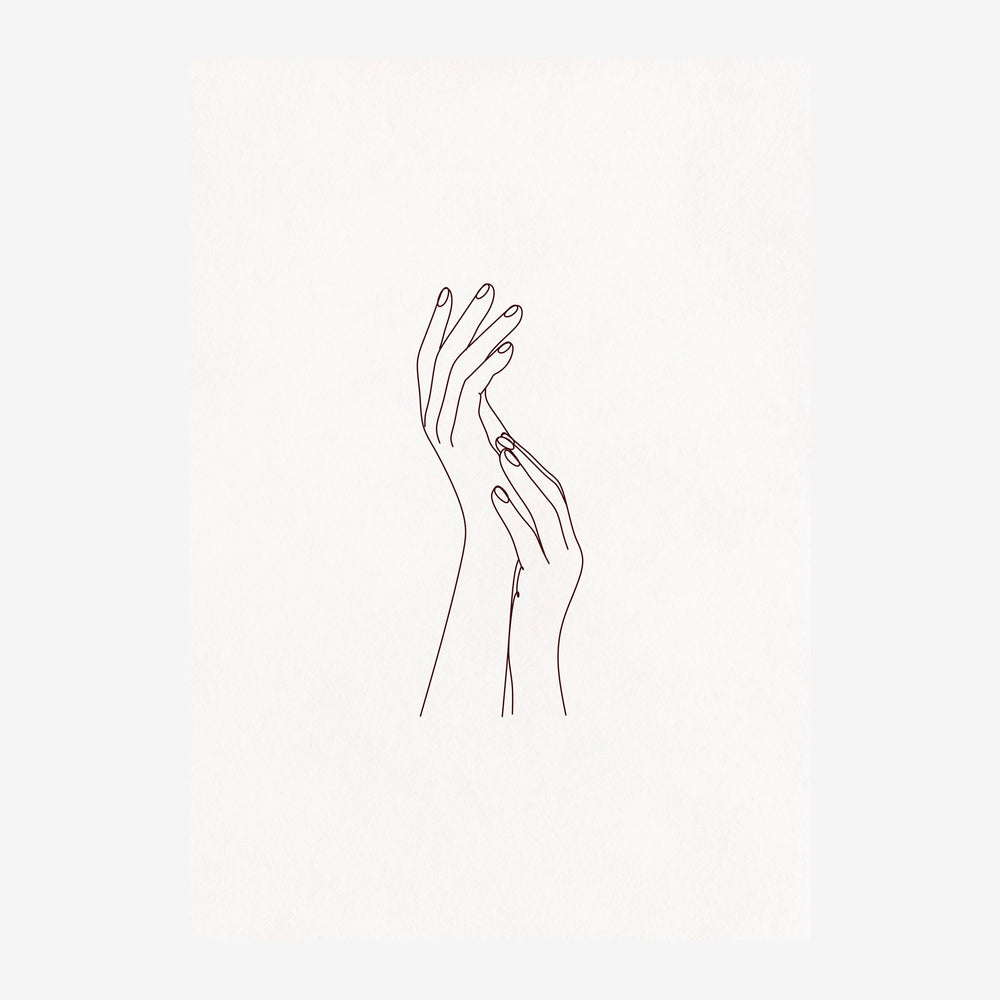 Deux mains s'entrecroisent délicatement, dessinées au trait noir fin sur fond gris clair.