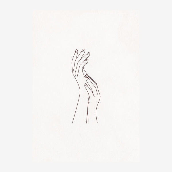 Deux mains s'entrecroisent délicatement, dessinées au trait noir fin sur fond gris clair.