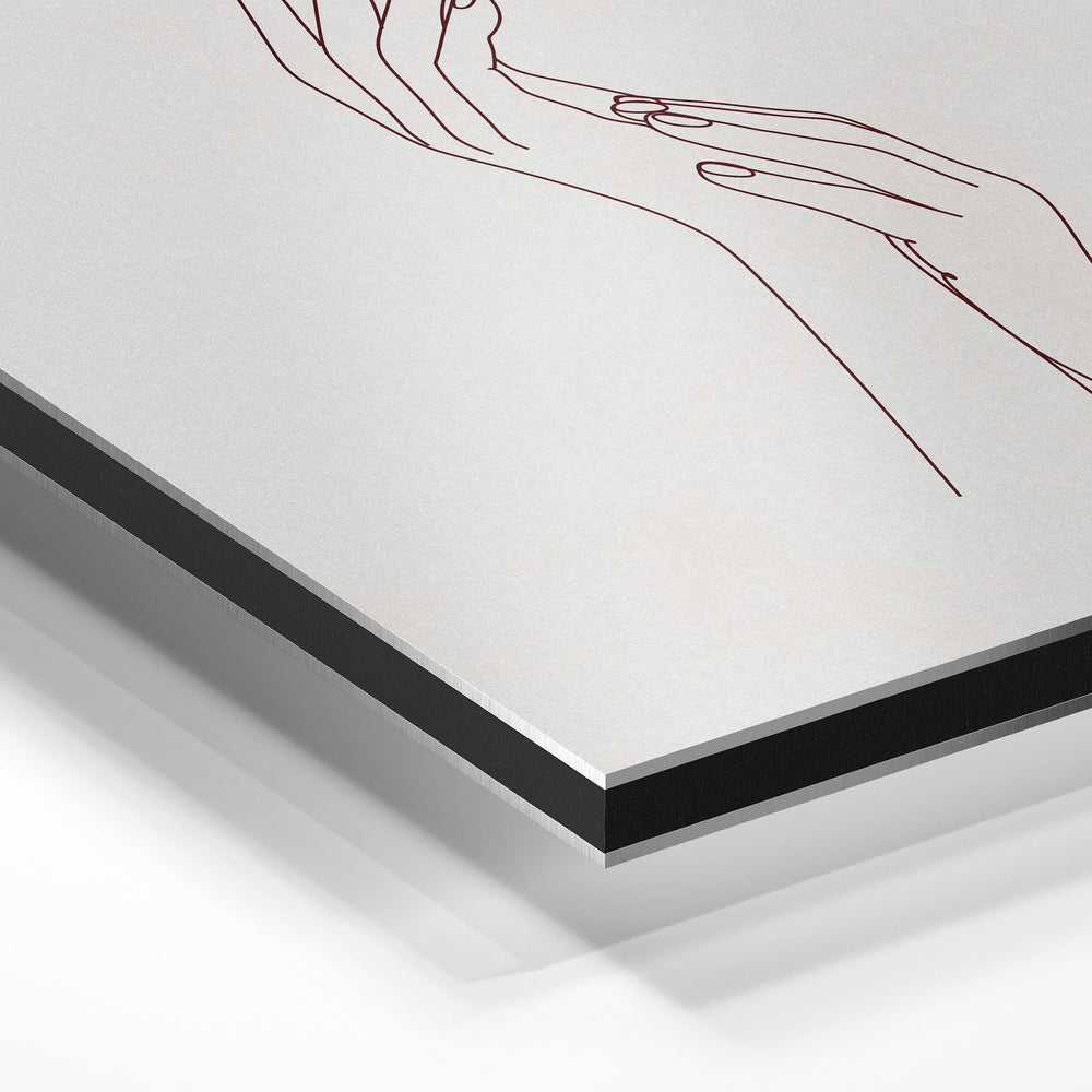 Gros plan de la matière : le tirage contrecollé sur aluminium Dibond mat, tranche visible.
