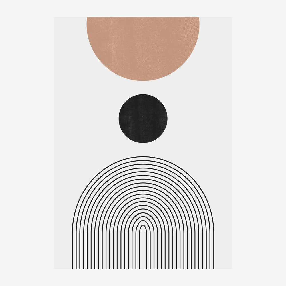 Composition minimaliste verticale : demi-cercle terracotta en haut, cercle noir au centre, et arc-en-ciel de lignes.