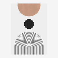Composition minimaliste verticale : demi-cercle terracotta en haut, cercle noir au centre, et arc-en-ciel de lignes.