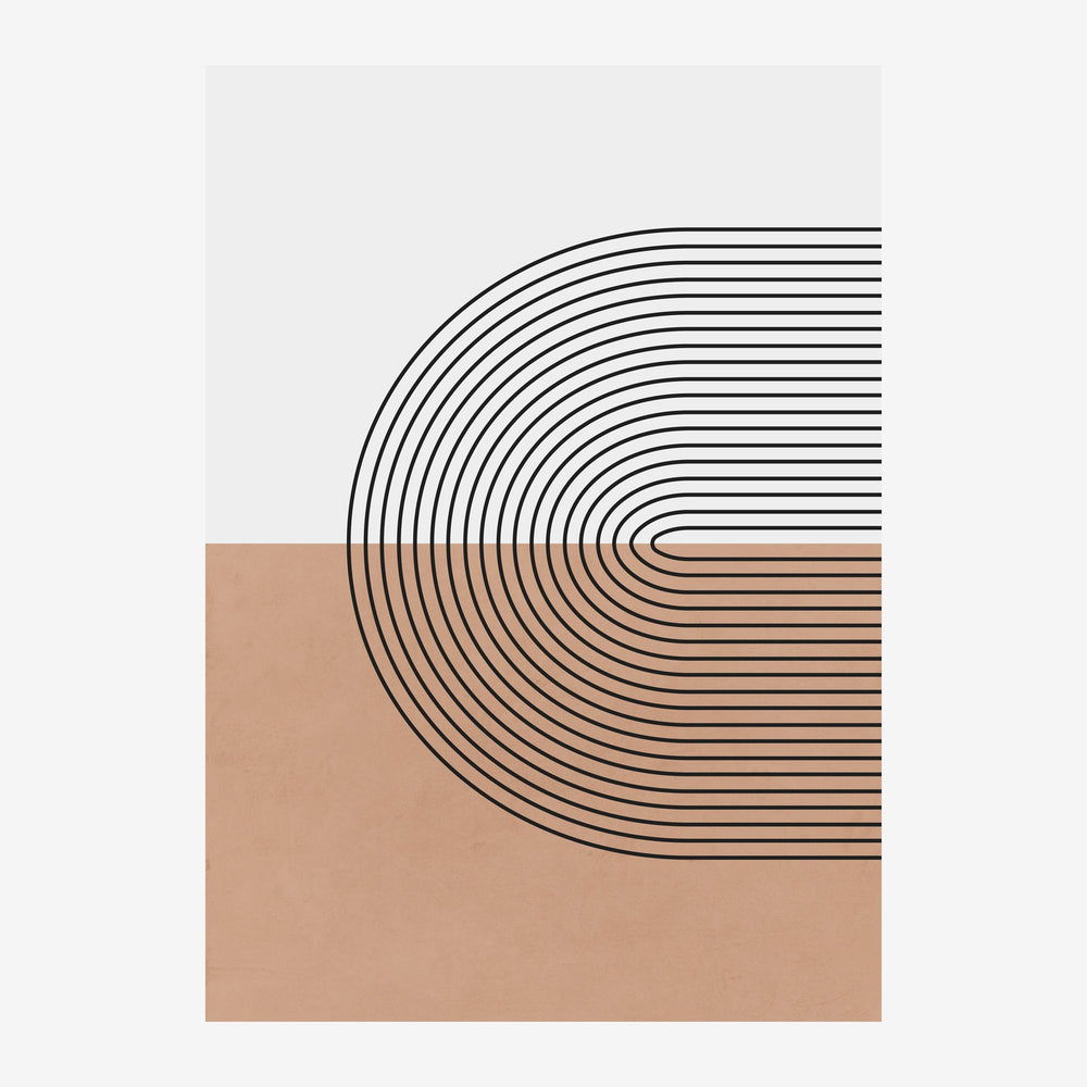 Dessin minimaliste montrant un demi-cercle concentrique en lignes fines noires sur fond partagé entre zone blanche.