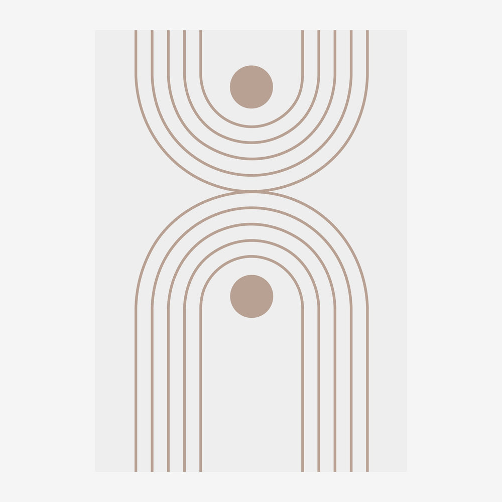 Composition minimaliste avec deux formes géométriques d'arcs concentriques en taupe, chacune pointée par un cercle plein.