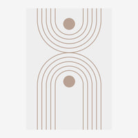 Composition minimaliste avec deux formes géométriques d'arcs concentriques en taupe, chacune pointée par un cercle plein.