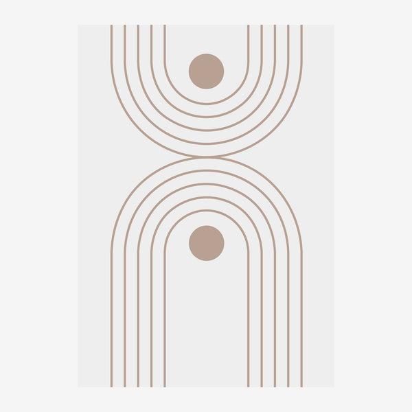 Composition minimaliste avec deux formes géométriques d'arcs concentriques en taupe, chacune pointée par un cercle plein.