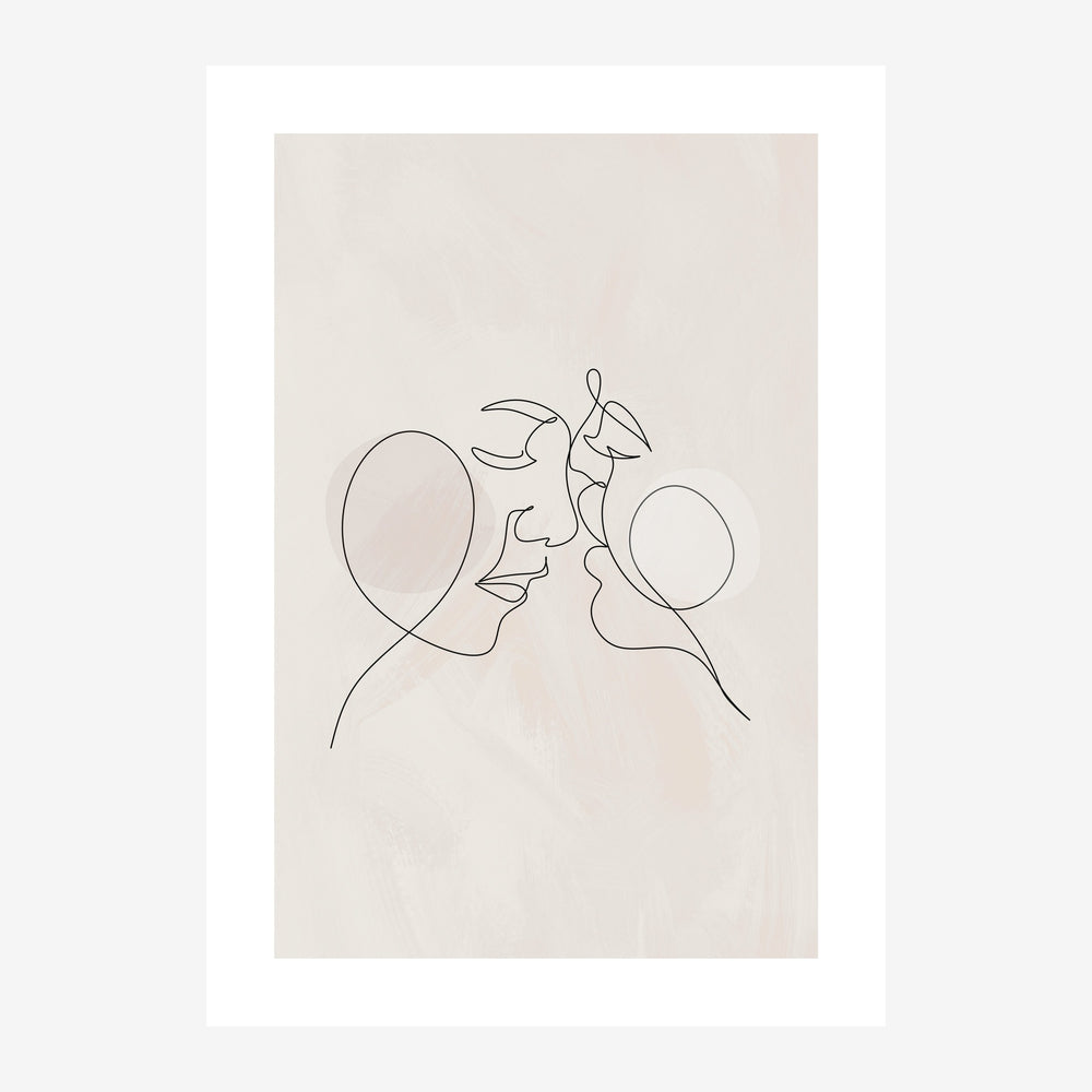 Deux profils minimalistes face à face, tracés en continu, avec des motifs de feuilles stylisées entre eux sur un fond beige.