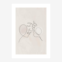Deux profils minimalistes face à face, tracés en continu, avec des motifs de feuilles stylisées entre eux sur un fond beige.
