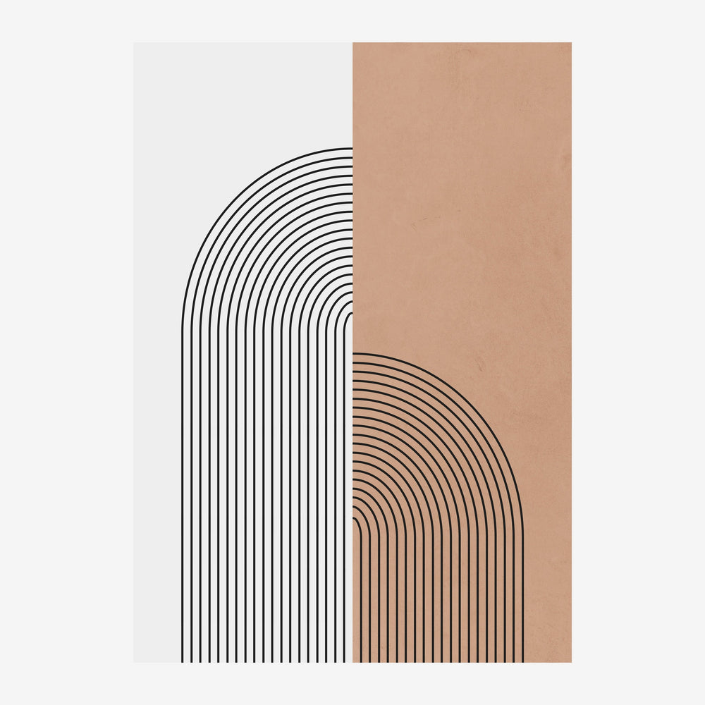 Composition minimaliste avec deux formes d'arches symétriques en trait noir fin sur fond blanc et beige clair.