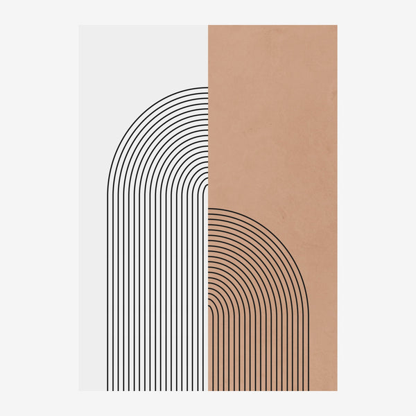 Composition minimaliste avec deux formes d'arches symétriques en trait noir fin sur fond blanc et beige clair.