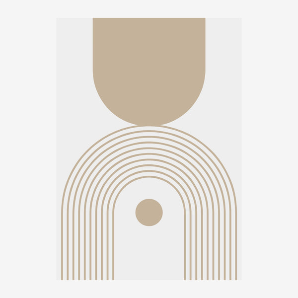 Composition abstraite verticale en beige et blanc : un demi-cercle plein au sommet, des arcs concentriques en lignes minces.