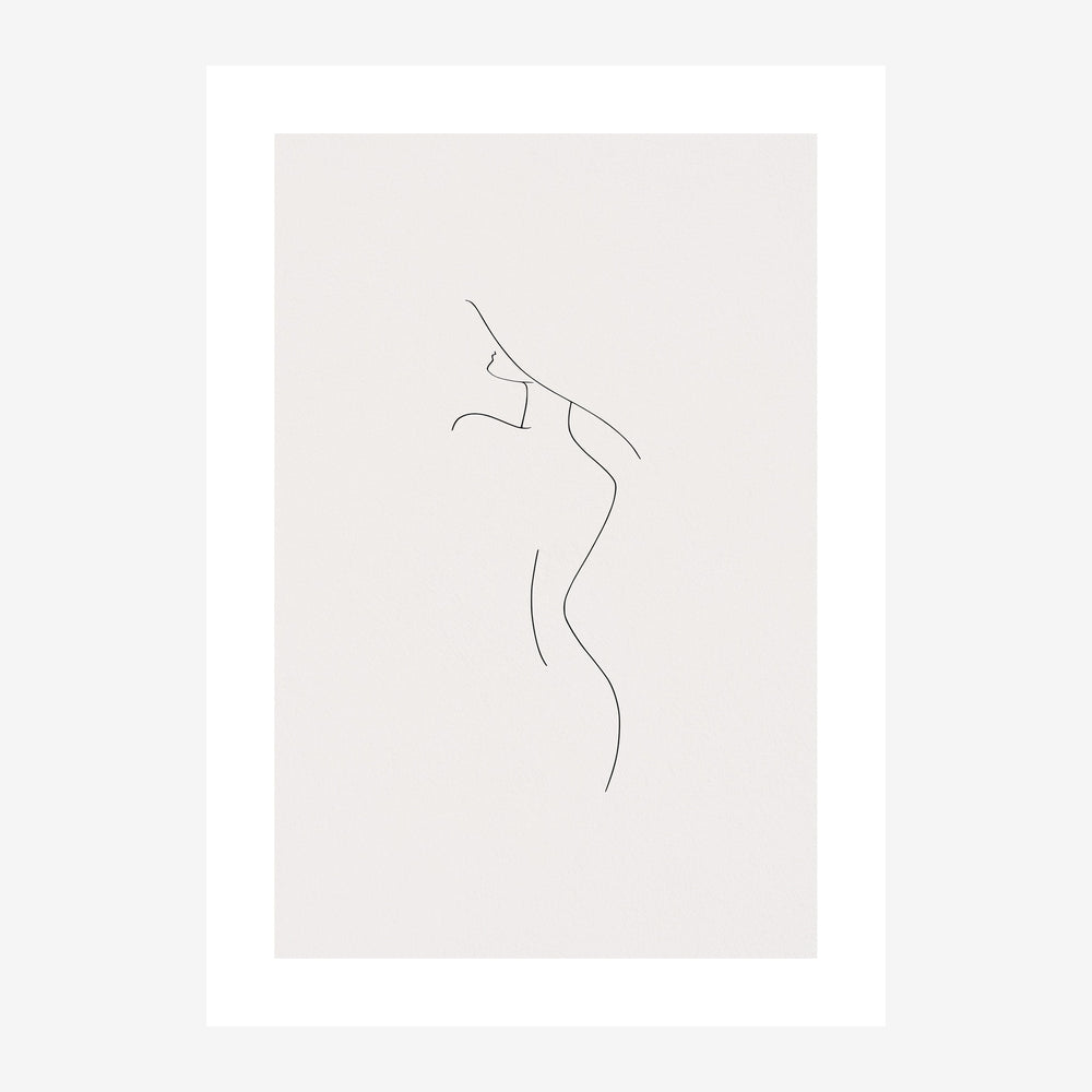 Dessin minimaliste en trait continu d'une silhouette féminine sur fond beige clair, dans un style line art épuré.