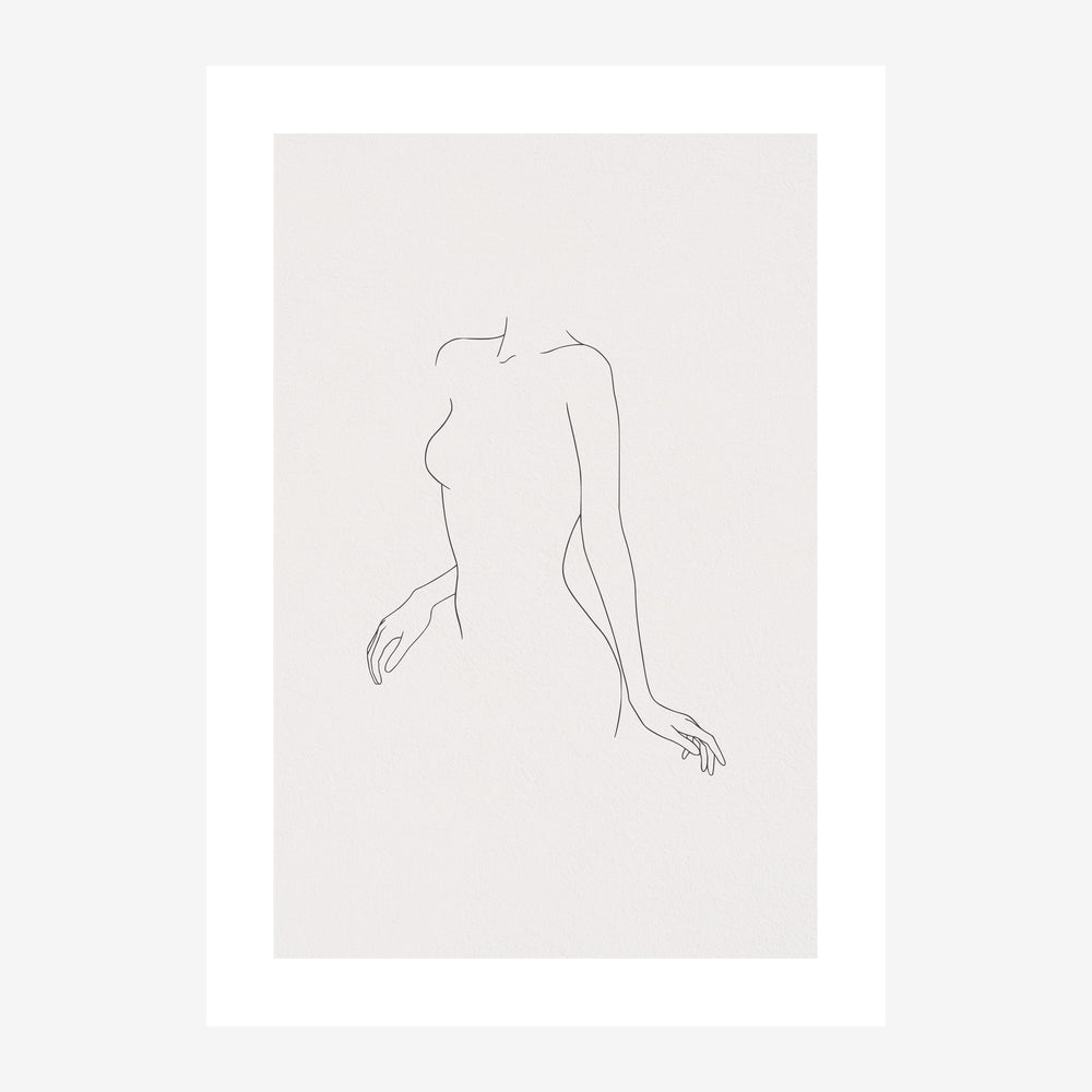 Dessin en trait noir d'une silhouette féminine minimaliste sur fond beige clair.