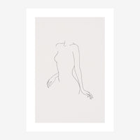 Dessin en trait noir d'une silhouette féminine minimaliste sur fond beige clair.