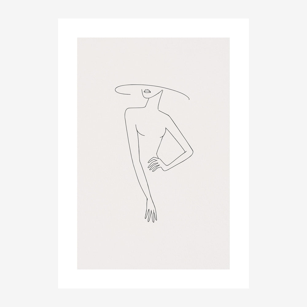Dessin au trait d'une silhouette féminine élégante sur fond beige clair, minimaliste et épuré.