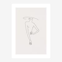 Dessin au trait d'une silhouette féminine élégante sur fond beige clair, minimaliste et épuré.